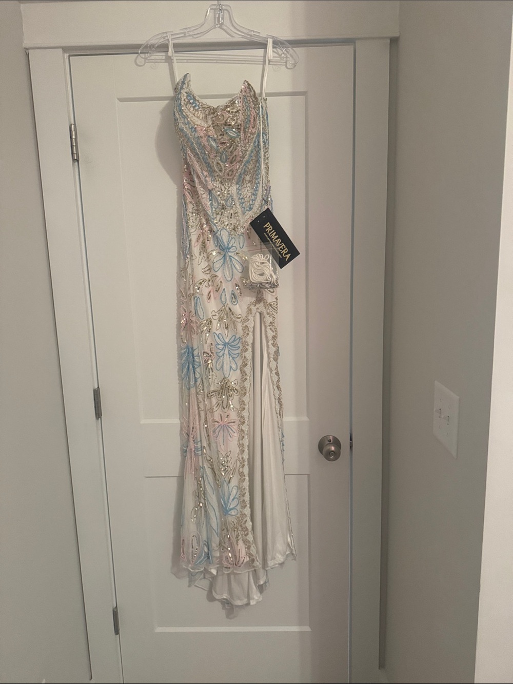 Primavera Couture Beaded White Dress with Pastel Blue and Pink Accents
